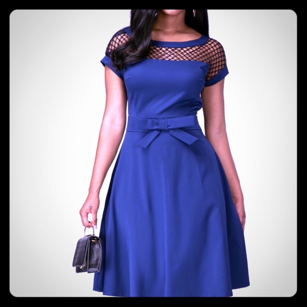 Bowknot Embellished Fishnet Panel Blue Dress